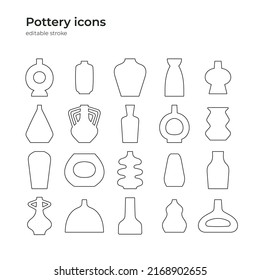 Set of icons with ceramic objects and vases, pottery. Editable stroke.
Collection of simple shapes. Home decorating, arts and crafts. Vector illustration isolated on white background.