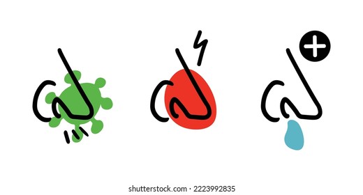 A set of icons characterizing the stages of the disease with rhinitis. Bacterial or viral effects on the nasal mucosa. Outline cartoon graphics. Stuffy and snotty nose.