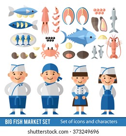 Set of icons and characters in  flat style. Sellers of fish, different seafood and fish in a flat style.