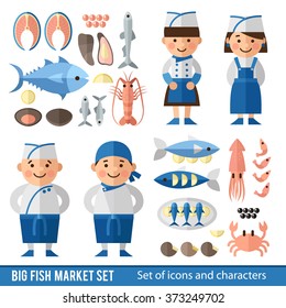 Set of icons and characters in  flat style. Sellers of fish, different seafood and fish in a flat style.
