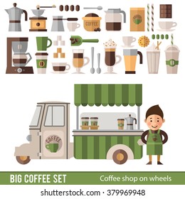 Set of icons and characters in a flat style. Minivan with coffee and dessert, barista and coffee icons.
