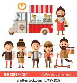 Set of icons and characters in a flat style. Minivan with coffee and dessert, barista and coffee icons.