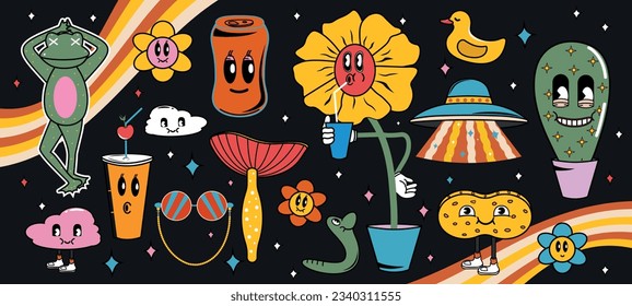 Set of icons and characters in groovy style. Trendy designs from the 60s and 70s. Hippie. Vector stock illustration. Cleaning. Icon. Drink. Y2k