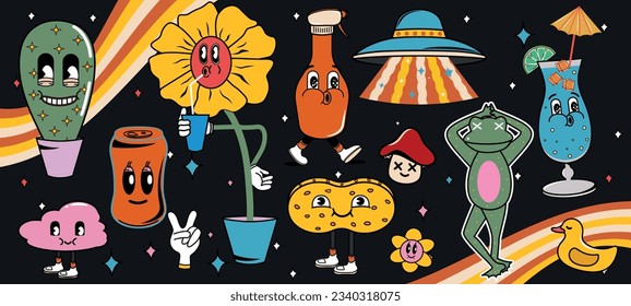 Set of icons and characters in groovy style. Trendy designs from the 60s and 70s. Hippie. Vector stock illustration. Cleaning. Icon. Drink. Colllection