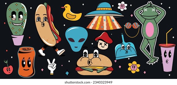 Set of icons and characters in groovy style. Trendy designs from the 60s and 70s. Hippie. Vector stock illustration. Cleaning. Icon. 