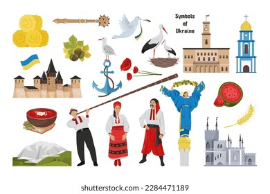 A set of icons, characters and landmarks of Ukraine. Ukrainian symbols. Flat style vector set