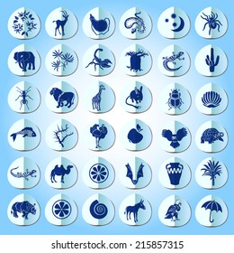 Set icons of characters on an animal and object of desert.