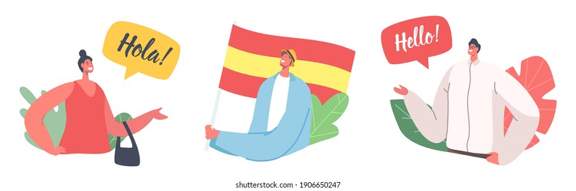 Set of Icons with Characters Speak on Spanish Language. People with Spain Flag, Teachers or Students Say Hola or Hello, Chatting and Communicate. Espanol Lesson Education. Cartoon Vector Illustration