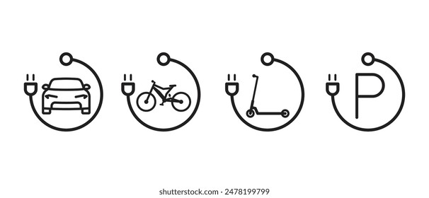 A set of icons of charging stations for an electric vehicle bicycle, scooter, etc. Parking lot for charging vehicles.