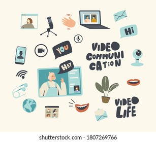 Set of icons Chat Online. Video Communication Theme, Chatting, Internet Digital Technologies and Computer Software Programs. Webcamera, laptop and Wifi Wireless Connection. Linear Vector Illustration