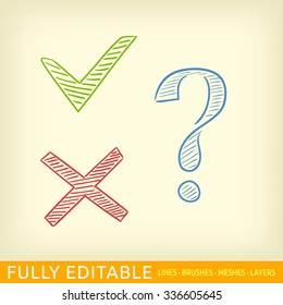 Set of icons. Check cross and question mark.