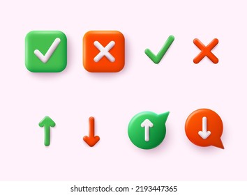 Set icons of check mark and cross mark symbols and elements, up and down arrows. 3D Web Vector Illustrations.