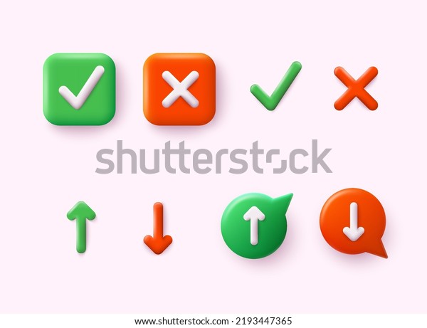 Set icons of\
check mark and cross mark symbols and elements, up and down arrows.\
3D Web Vector\
Illustrations.