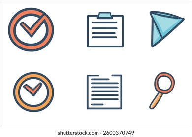 Set of icons with check mark, magnifier and checklist. Vector illustration