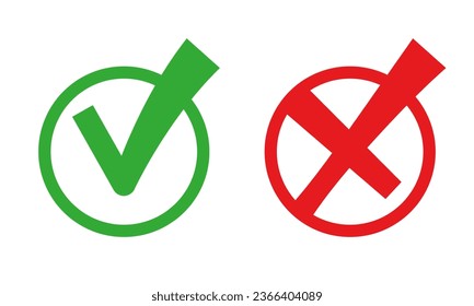 Set of icons with check marks and red cross for apps and web, flat design vector illustration