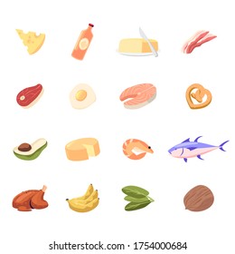 Set of Icons Cheese, Oil in Bottle and Butter, Bacon, Meat Steak and Fried Egg. Fish Piece with Pretzel and Avocado, Prawn, Tuna and Chicken with Banana, Spinach and Nut. Cartoon Vector Illustration