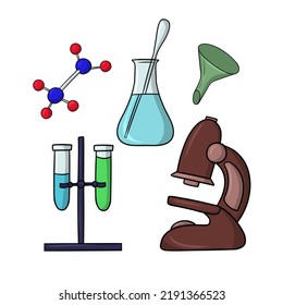 A set of icons, chemical experiments with a microscope, vector illustration in cartoon style on a white background