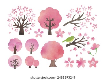 Set of icons of cherry trees, branches and flowers watercolor