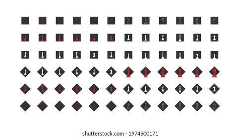 Set of icons of chess pieces, in a black square. Collection of vector illustrations, white, chiorny and red chess on the background of chjorny square.