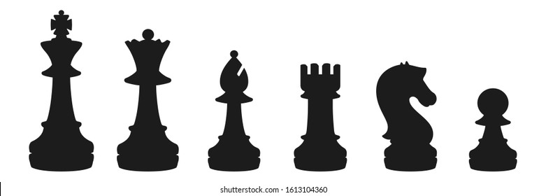 Set of icons of Chess pieces. Vector silhouette illustration of Pawn, Knight, Horse, Bishop, Elephant, Rook, Queen, King isolated on the white background.