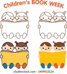 A set of icons of children reading a book