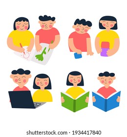 Set von Symbolen von Kindern, die zusammen spielen, lesen und zeichnen. Vektorgrafik, handgezeichnet, Symbol auf weißem Hintergrund.