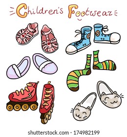 Set of icons of children's color footwear (vector)