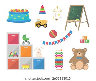 Set of icons of children's toys. Shelves with toys, dry pool with balls and other.