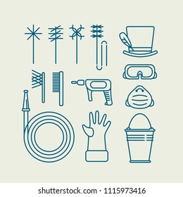 Set of icons of chimney sweep tools and equipment in line art minimal style