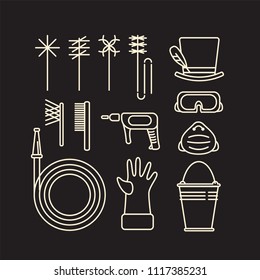 Set of icons of chimney sweep tools and equipment in line art minimal style