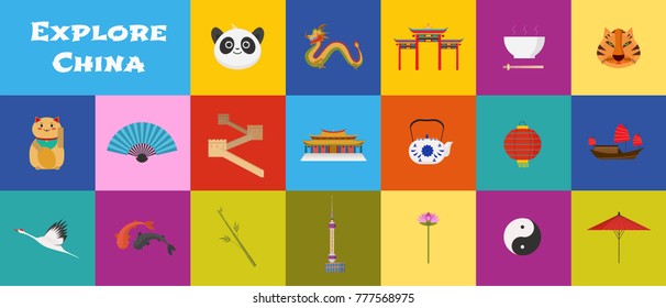 Set of icons with China landmarks in vector. Pagoda, dragon, rice, chopsticks symbols as visit China design elements