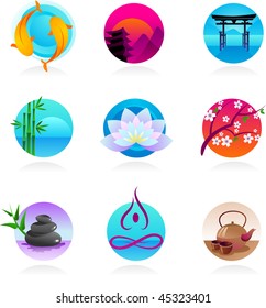 A set of icons in Chinese, Japanese and Indian style - spirituality and wellness theme