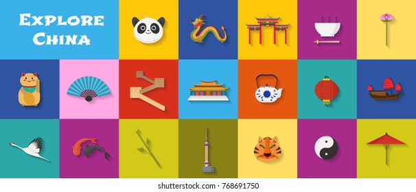 Set of icons with Chinese  landmarks,  architecture, food  in vector. Great wall, fortune cat,  tea ceremony symbols as welcome to  China design elements 