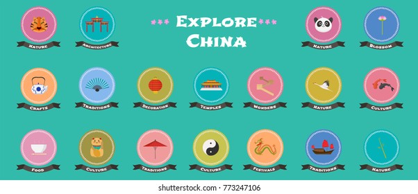 Set of icons with Chinese landmarks, objects, architecture in vector. Great wall, panda, food symbols as visit China design elements