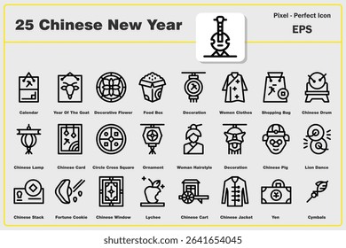 Set of icons Chinese new year, calendar, year of the goat, decorative, food box, decoration, women clothes, shopping bag, Chinese drum, Chinese lamp, Chinese card, circle cross, very high quality