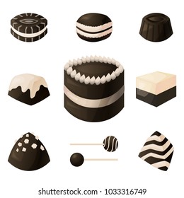 A set of icons of chocolate desserts. Collection of Sweets from dark and white chocolate, sweets, souffle , cookies for shokoldanogo bar. Vector illustration.