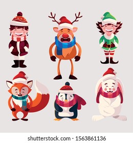 set of icons christmas with animals vector illustration design