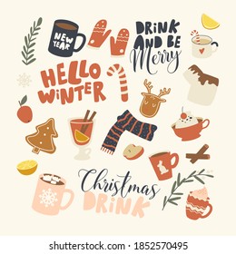 Set of Icons Christmas Drinks Theme. Winter Hot Beverages Cups with Coffee, Tea or Cocoa, Knitted Scarf and Cinnamon Sticks in Mug, Plants, Chocolate Topping, Typography. Linear Vector Illustration