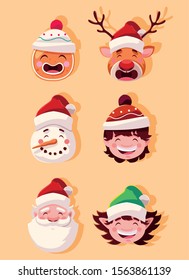 set of icons christmas with head santa claus and animals vector illustration design