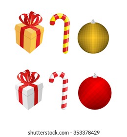 Set of icons for Christmas and new year. Gift box and Peppermint lollipop stick. Ball-Christmas tree toy.
