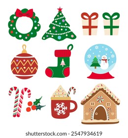 Conjunto de iconos de adornos de Navidades. Copos de nieve, coco caliente, casa de jengibre, caña de caramelo, calcetín de Navidades, globo de nieve, regalo, árbol, corona de puerta. Vector.