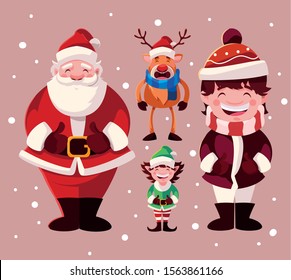 set of icons christmas with santa claus and animals vector illustration design