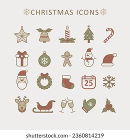 set of icons for Christmas themes. Christmas vector figures. Christmas symbols. santa claus, reindeer, bell, party, candle, garland, star. images with red, brown, green colors