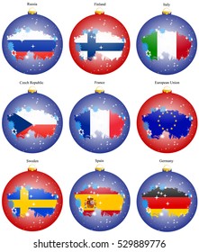 Set of icons. Christmas tree balls with flags of the Europe. Vector. 3D.   