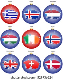 Set of icons. Christmas tree balls with flags of the Europe. Vector. 3D.   