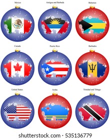 Set of icons. Christmas tree balls with flags of the North and Central America.  