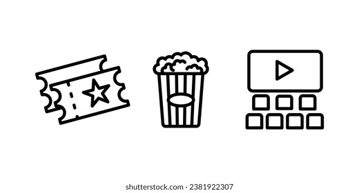 
Set icons Cinema auditorium with screen and seats, cinema hall, popcorn,and tickets.isolated white background.
