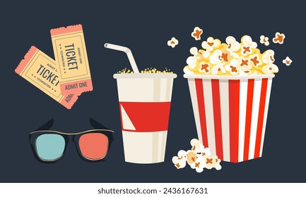 Conjunto de iconos para cine con palomitas, bebida, entradas y vasos 3d. Hora del cine. Imagen vectorial . Aislado sobre fondo oscuro