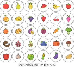 Set of icons in circular vegetables and fruits illustration