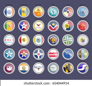 Set of icons. Cities of the USA flags. 